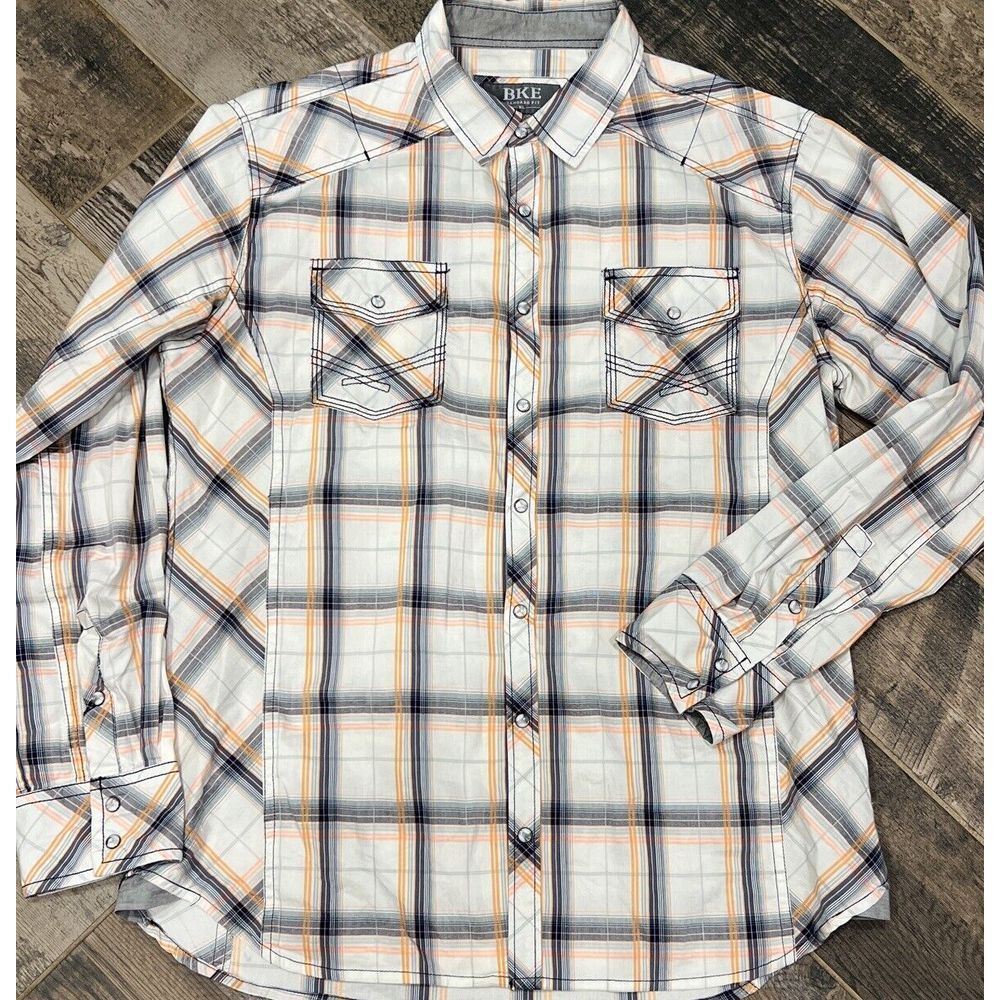 BKE Buckle Pearl Snap Button Shirt Standard Fit Plaid Long Sleeve Mens Size XL